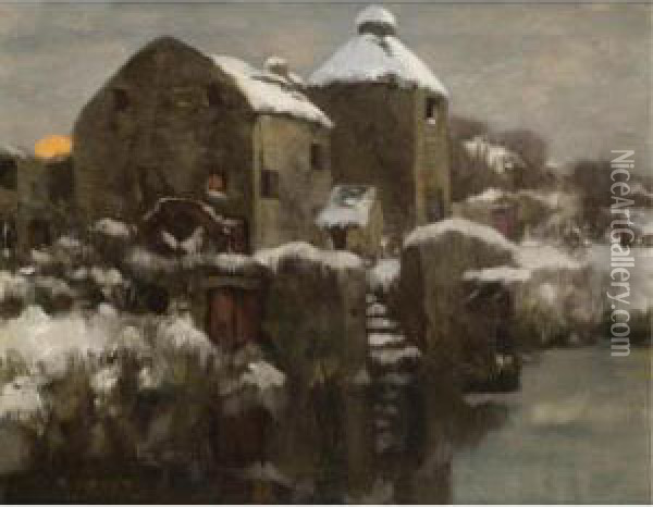 Winter At The Mill, Normandy Oil Painting - David Gauld