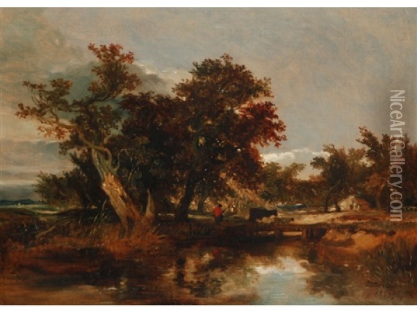 A Figure And Livestock Crossing A Bridge Beside A Woodland And Cottage Oil Painting - William James Mueller