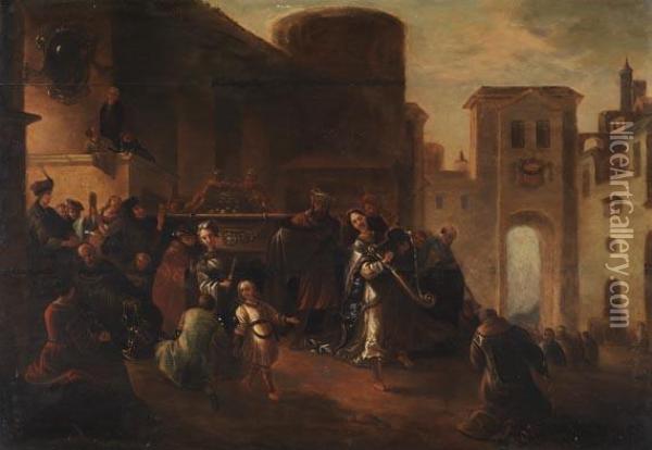 Konig David Zieht Mit Der Bundeslade In Jerusalem Ein Oil Painting - Jacob Willemsz de Wet the Elder