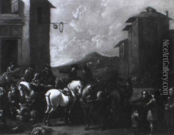 Sosta Di Cavalieri In Un'aia Oil Painting - Pieter van Bloemen
