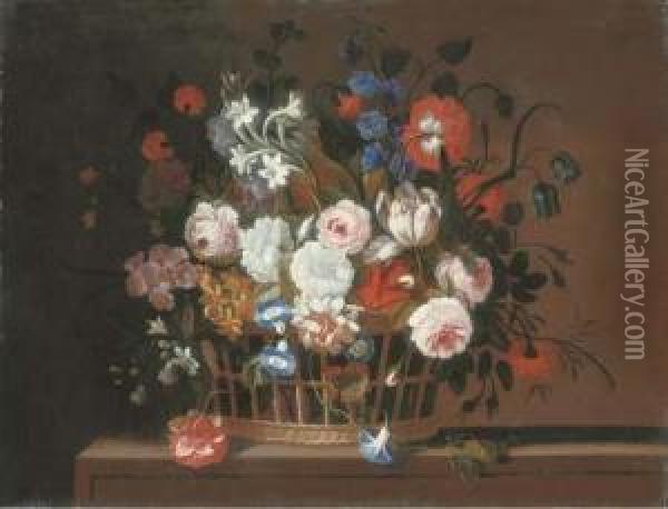 Roses, Tulips, Morning Glory, 
Carnations, Delphinium, Primrose, Narcissi And Other Flowers In A Basket
 On A Stone Ledge Oil Painting - Pieter Hardime