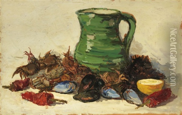 Caraffa Con Frutti Di Mare Oil Painting - Giovanni Bartolena
