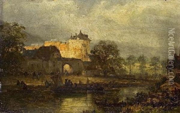 Flusslandschaft Mit Burg Oil Painting - H. Panckow