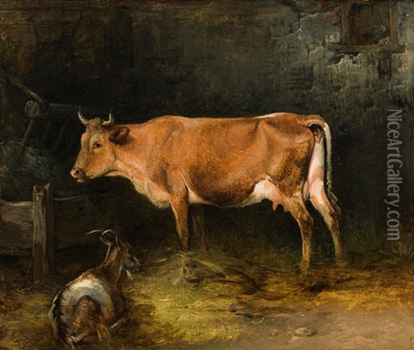 Cow And Goat In A Stable Oil Painting - Friedrich Gauermann