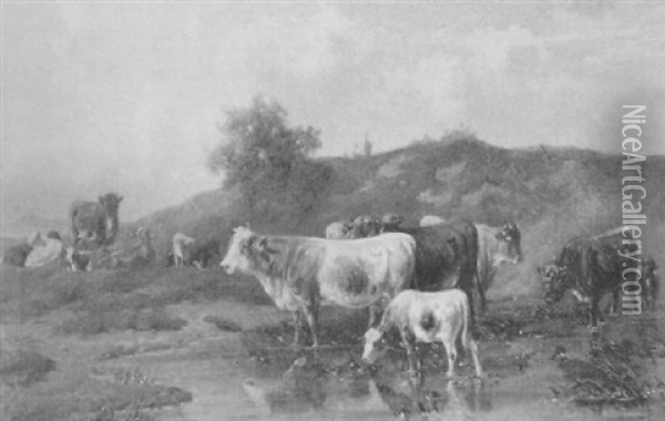 Cattle Watering In A Pasture Oil Painting - Louis (Ludwig) Reinhardt