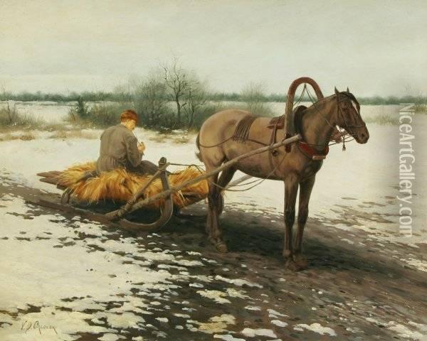 Man Resting On A Horse Drawn Hay Sled Oil Painting - Vladimir Donatovich Orlovskii