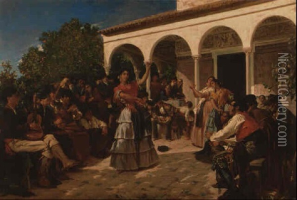 Un Baile De Gitanos En Los Jardines Del Alcazar. . . Oil Painting - Edme Alexis Alfred Dehodencq
