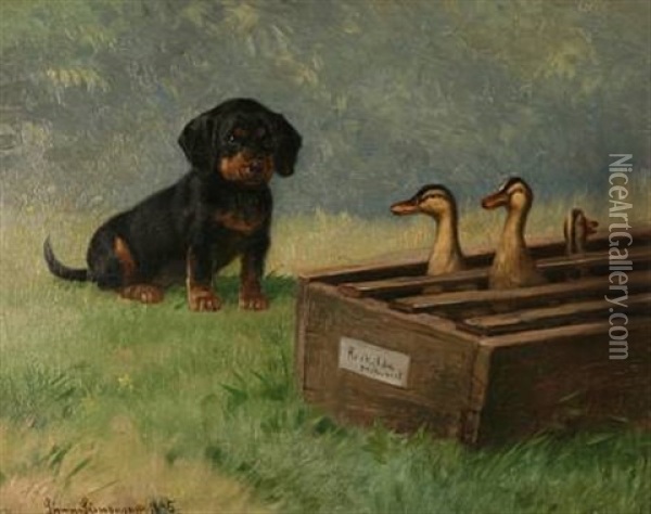 A Puppy Looks At Ducks Oil Painting - Simon Simonsen