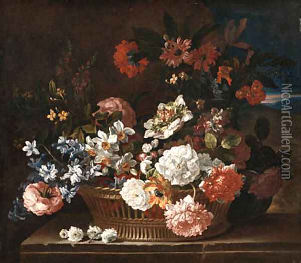 Roses, Narcissi, a Hyacinth, Primulae, Jasmine, Carnations and other Flowers in a wicker Basket on a stone Ledge, a Landscape beyond Oil Painting - Jean-Baptiste Monnoyer