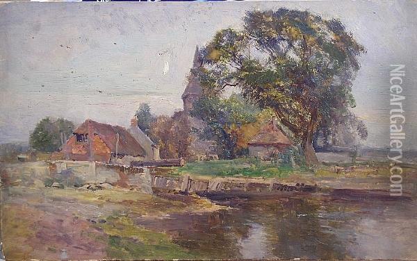 Country Landscape With Farm Buildings And River Oil Painting - Ernst Walbourn