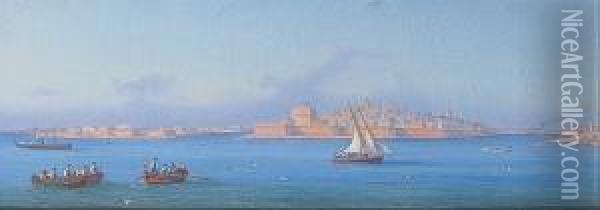 A Set Of Three Harbour Scenes, Valletta,malta Oil Painting - Girolamo Gianni