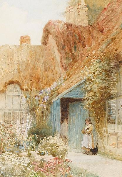 A Young Girl Outside A Cottage Oil Painting - Arthur Claude Strachan