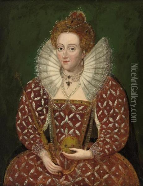 Portrait Of Queen Elizabeth I 
(1533-1603), In A Richly Embroidered And Bejewelled Red Dress, Holding 
An Orb And Sceptre Oil Painting - Federico Zuccaro