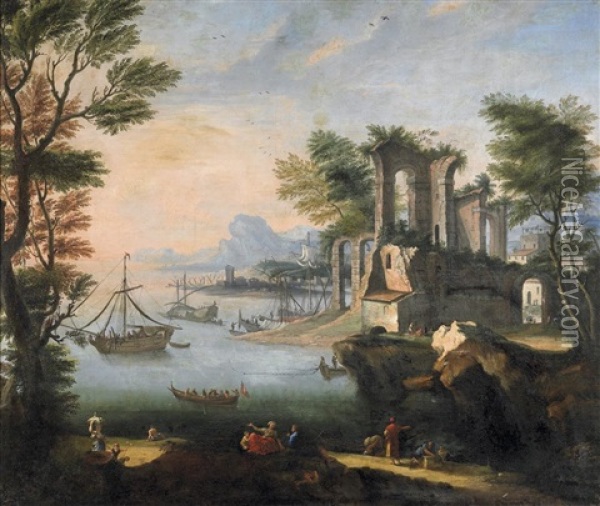 Grose Ideale Landschaft Mit Hafenkulisse Oil Painting - Charles Francois Lacroix