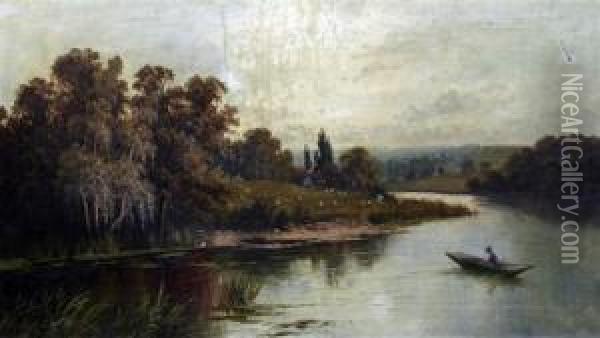 River Landscape With Angler And Punt Oil Painting - Sidney Yates Johnson