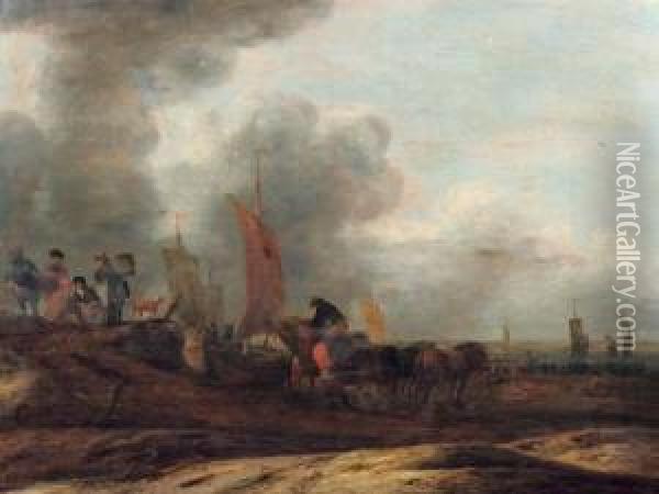 Fisherfolk On A Beach With Sailing Vessels Beyond Oil Painting - Cornelis Beelt