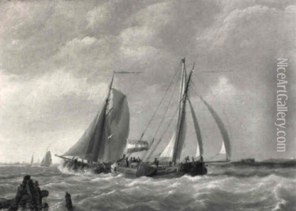 Dutch Sailing Vessels In A River Estuary Oil Painting - Johannes Hermanus Koekkoek