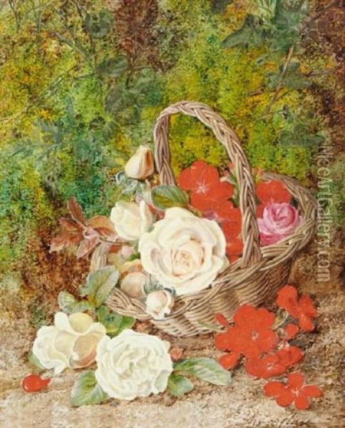 Still Life Of Roses, Geraniums And A Wicker Basket On A Mossy Bank Oil Painting - George Clare