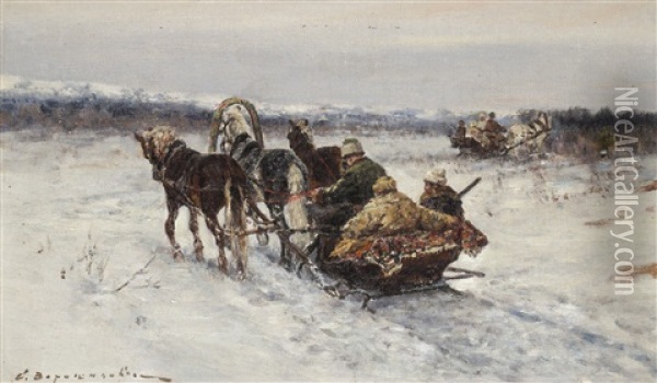 Trojkor I Vinterlandskap Oil Painting - Sergei Semyonovich Voroshilov