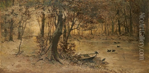 Barque Au Bord De L'etang Enneige Oil Painting - Henri van Seben