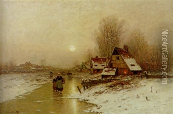 A Winter Landscape With Peasants Walking On The Ice Oil Painting - Johann Jungblut