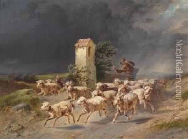 Flight Of A Shepherd With His Sheep From An Oncoming Storm Oil Painting - Johann Gualbert Raffalt