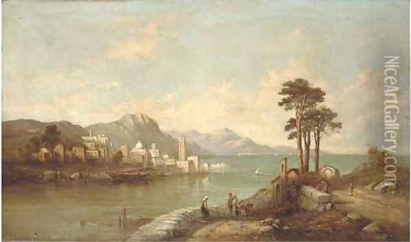 Figures before an italianate lake Oil Painting - Alfred Pollentine
