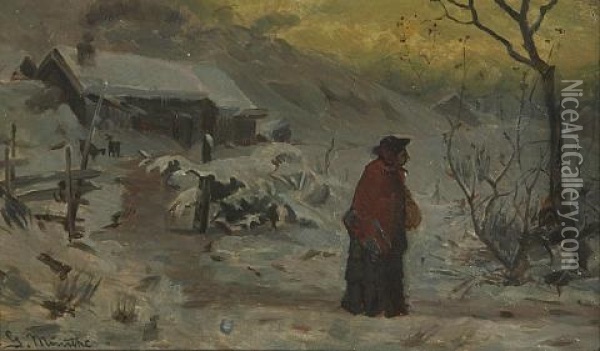 A Winter Scene With A Figure Walking Along A Path Oil Painting - Gerhard Peter Franz Vilhelm Munthe