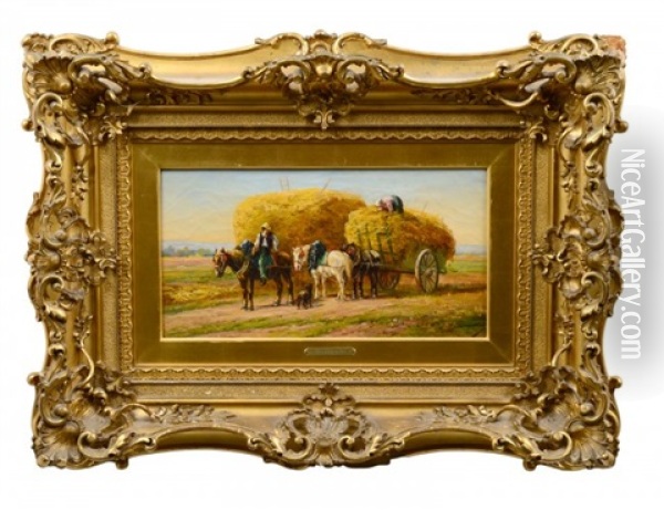 Hay Wagon With Figures In A Landscape Oil Painting - Eugene Fromentin