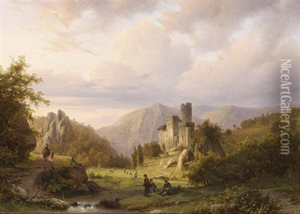 Anglers In A Mountainous Landscape Oil Painting - Alexander Joseph Daiwaille