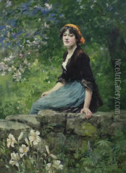 Young Woman Seated On A Wall Oil Painting - Henry John Yeend King