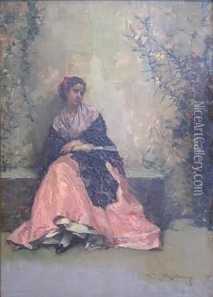 Spanish Lady Sitting Against A Garden Wall Oil Painting - Raimundo de Madrazo y Garreta