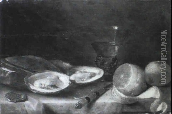 Still Life With Peeled Lemon, Oysters And A Roemer On A Ledge Oil Painting - Jacob Fopsen van Es