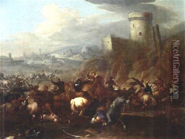 A Cavalry Battle Scene Between Turkish And Christian Troops, With A View Of A Town Beyond Oil Painting - Georg Philipp Rugendas the Elder