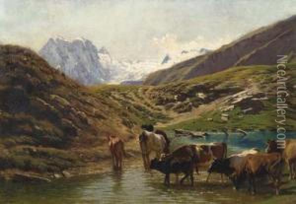 Cows At The Watering Place In The Mountains Oil Painting - Albert Lugardon