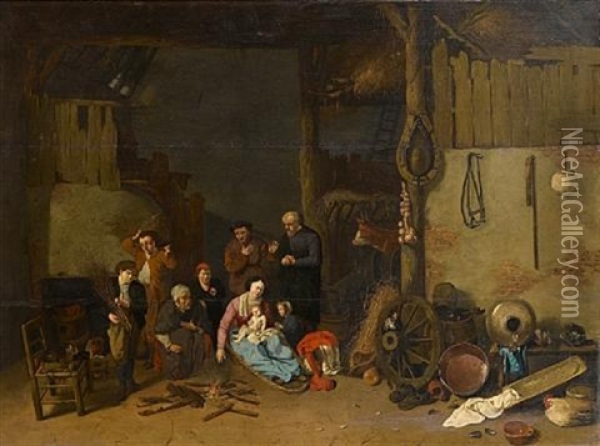 A Barn Interior With A Family Seated Around A Fire Oil Painting - Hendrick Potuyl