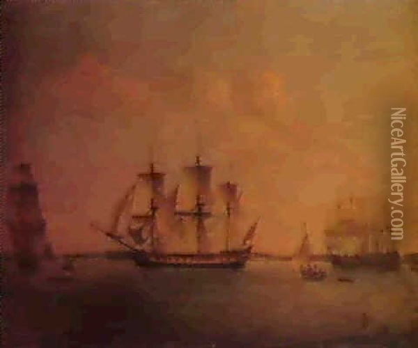 Portrait Of The East Indiaman King George, Seen In Three    Positions Off Blackwall In Theriver Thames. Oil Painting - Thomas Luny