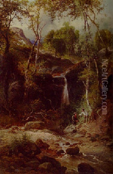 Figures By A Waterfall In A Wooded Landscape Oil Painting - Edward Henry Holder