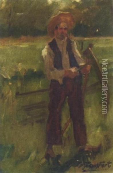 A Farmer Sharpening His Scythe Oil Painting - Eduard Frankfort