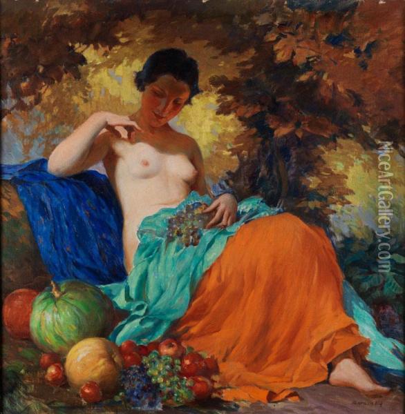 Junge Dame Unter Herbstlichen Laubbaumen Mit Fruchten Oil Painting - Marcel Krasicky