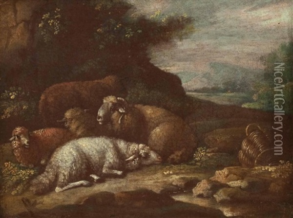 Schafe In Einer Felsennische Ruhend Oil Painting - Johann Heinrich Roos