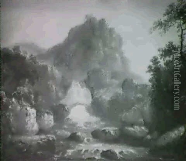 Rocky River Landscape With A Bridge By A Waterfall Oil Painting - Francis Nicholson