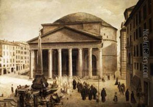 Ansicht Des Pantheons In Rom Mit Einer Prozession Im Vordergrund Oil Painting - Josef Langl