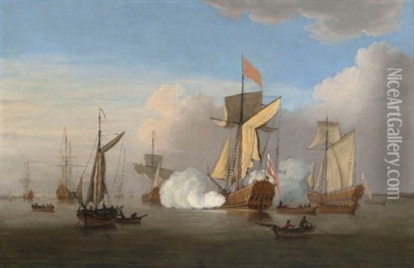 An Admiralty Yacht Firing A Salute As She Prepares To Depart From The Anchorage Oil Painting - Cornelis van de Velde