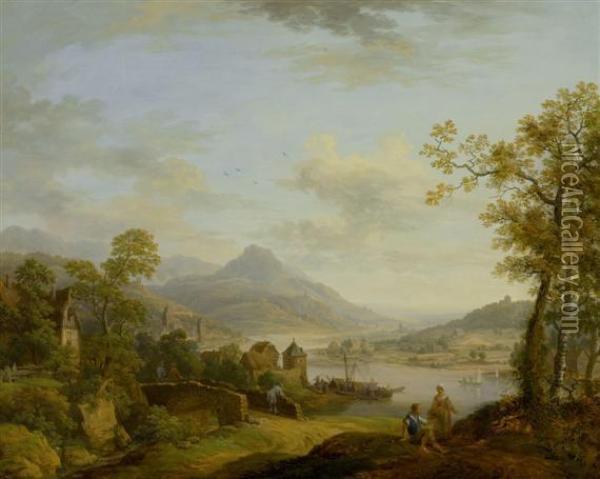 Peasants Near A Path In A Broad Rhine Landscape With Village And Bridge Oil Painting - Christian Georg Schuttz II