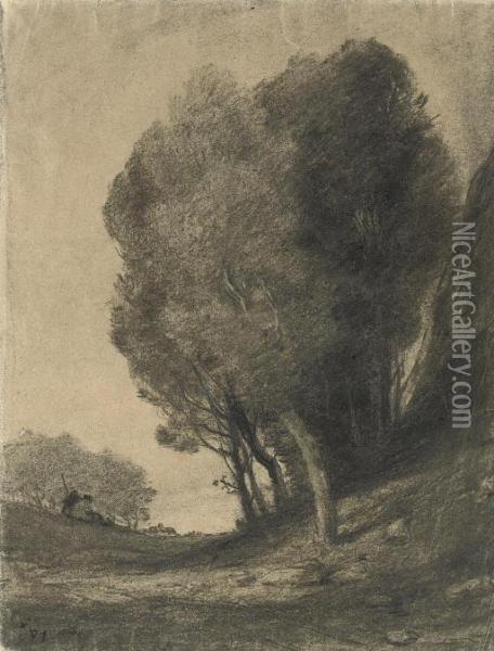 A Landscape With Trees And Two Peasants Seated On A Bank Oil Painting - Constant Dutilleux