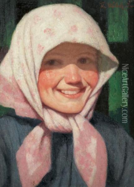 Girl With A Pinkkerchief Oil Painting - Thomas Walch