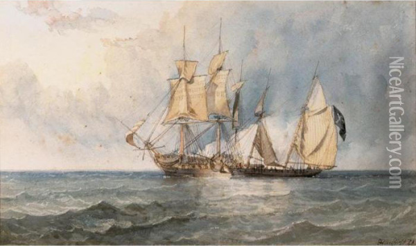 A Man-o-war And Pirate Ship At Full Sail On Open Seas Oil Painting - William Clarkson Stanfield