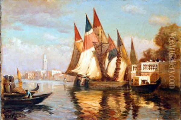 Bateaux Amarres Aux Jardins Francais A Venise Oil Painting - Herbert Waldron Faulkner