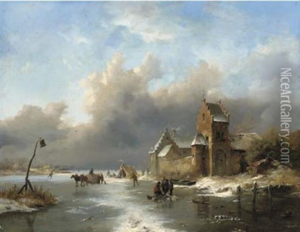 Winter Landscape With Figures On A Frozen River Oil Painting - Frederik Marinus Kruseman